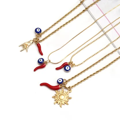 Multi Pendant Necklace with Evil Eye Decor - Image 3