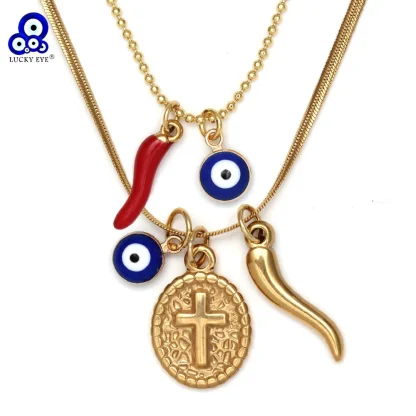 Multi Pendant Necklace with Evil Eye Decor