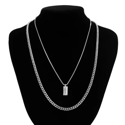 Double Layer Necklace with Rectangular Pendant - Image 4