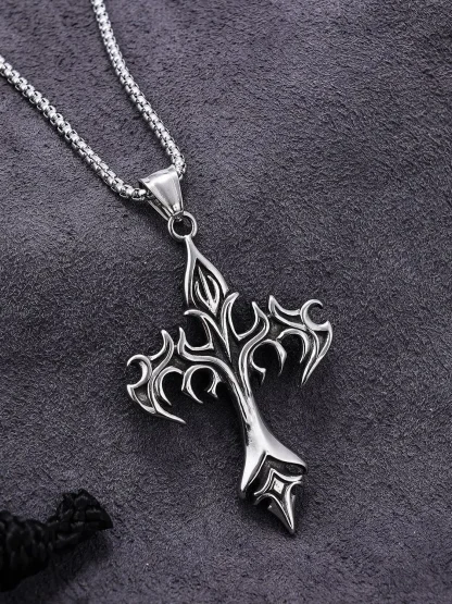 Silver Color Necklace Flame Cross Design - Image 7