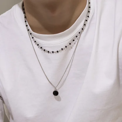Black Beaded Necklace with Double Layer Design - Image 2
