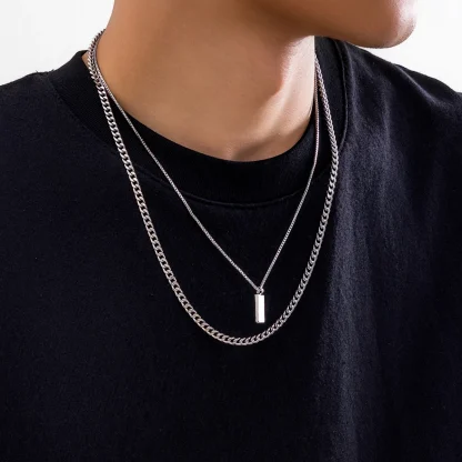 Double Layer Necklace with Rectangular Pendant - Image 3