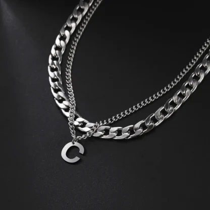 Initial Pendant Necklace with Double Layer Chain - Image 4