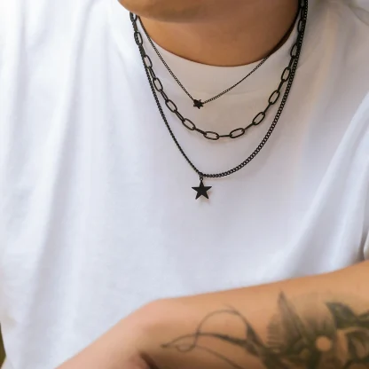 Black Multiple Layer Necklace with Star Pendant - Image 2