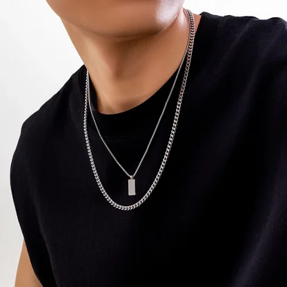 Double Layer Necklace with Rectangular Pendant - Image 2